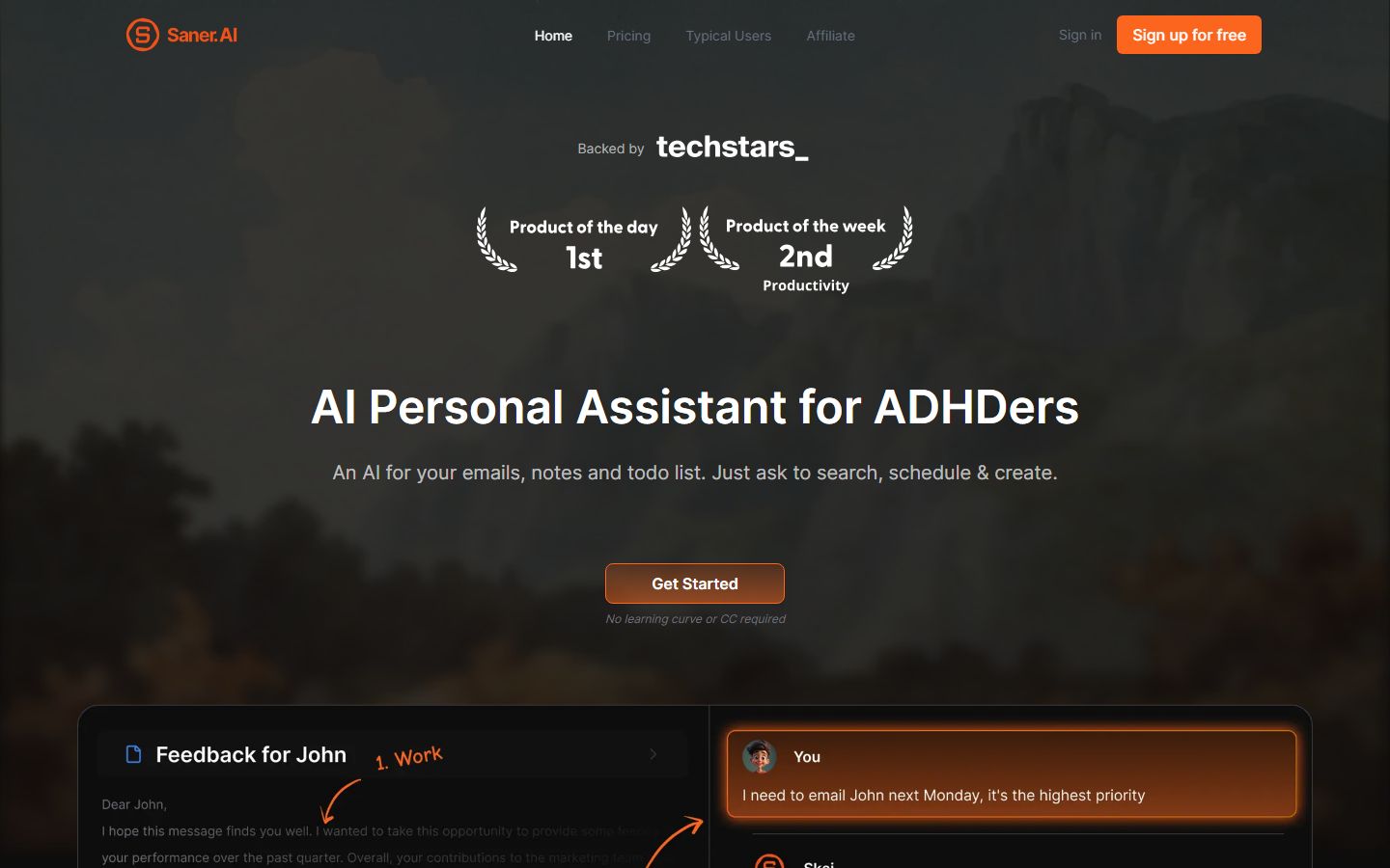 Saner AI interface screenshot