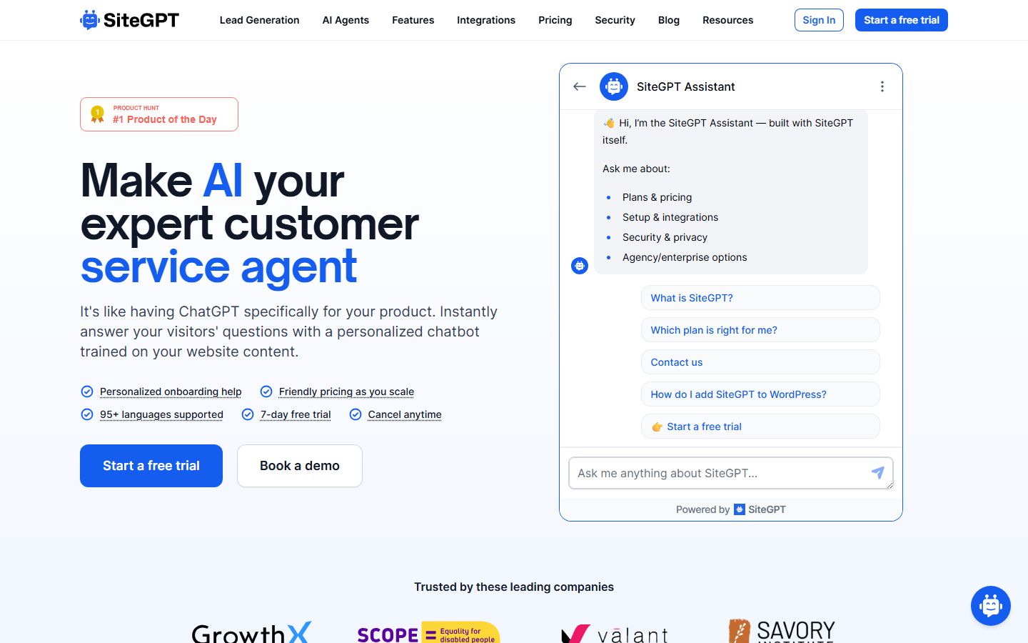 SiteGPT interface screenshot